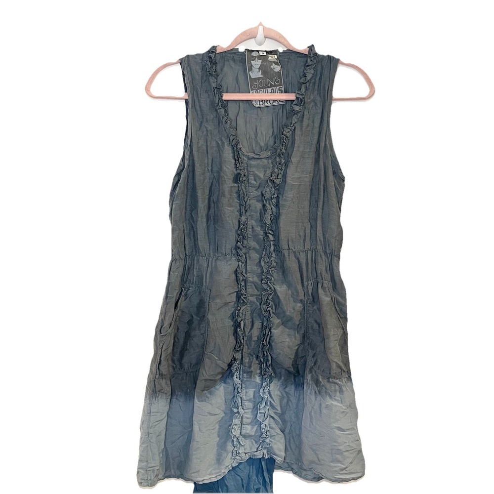 Young Fabulous & Broke Mini Ruffle Dip Dye Beach Dress Blue Gray Coastal Rayon M
